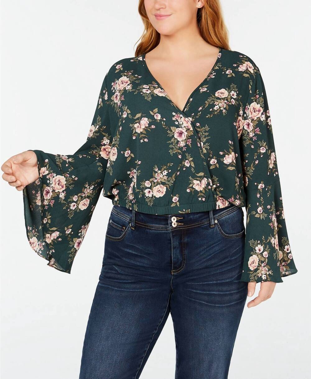 NEW SOPRANO women's plus size cropped floral print surplice top in hunter green